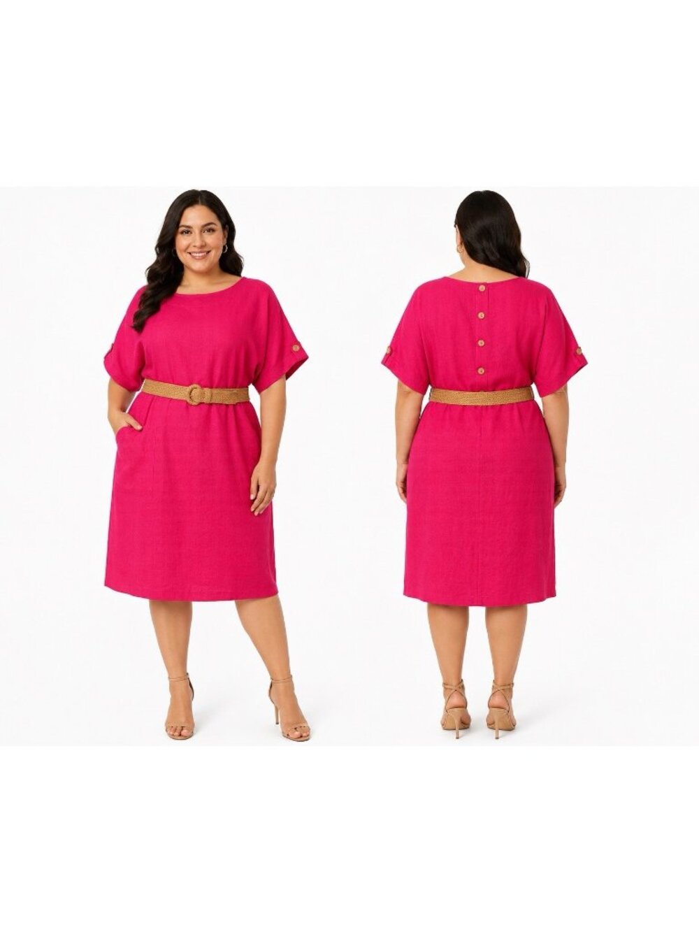 NWT Talbots Linen Sheath Dress Womens 18 Pink Belted Short Sleeve Summer